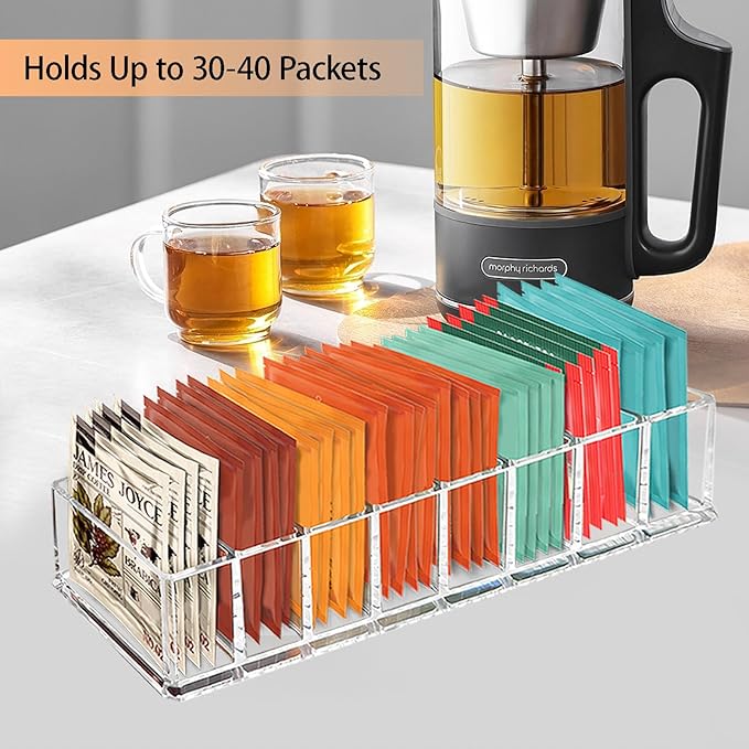 Tasybox Tea Bag Organizer, Clear Acrylic Tea Bag Holder, Tea Packet Storage for Drawer, Pantry, Kitchen, Cabinet, Countertop, 1 Pack