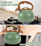 Stovetop Whistling Tea Kettle 3.2QT - Stainless Steel with Wood Grain Handle, Loud Whistle Kettle for Tea, Coffee & Milk, Ergonomic Grip & Balanced Pour Spout (Emerald Green)