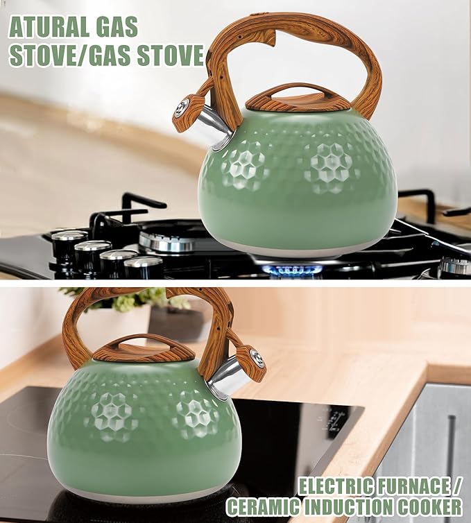 Stovetop Whistling Tea Kettle 3.2QT - Stainless Steel with Wood Grain Handle, Loud Whistle Kettle for Tea, Coffee & Milk, Ergonomic Grip & Balanced Pour Spout (Emerald Green)