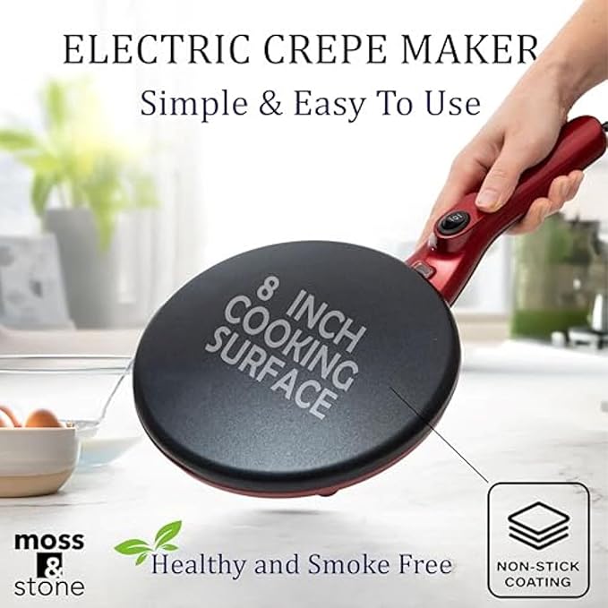 Moss & Stone Electric Crepe Maker 8 Inch, Portable Crepe Maker & Hot Plate Cooktop On/Off Switch, Nonstick Coating, Dual Temperature Setting, Easy To Use For Pancakes, Blintz, Chapati