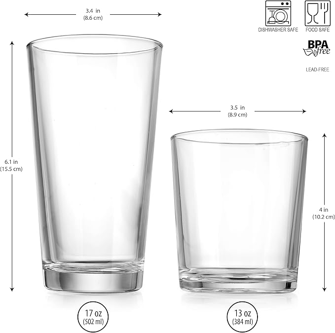 Glaver's Drinking Glasses Set of 8 Mixed Glassware Set, 4 Highballs 17 Oz., 4 Whiskey Glasses 13 Oz., Great For Cocktail Whisky and other Beverages. Dishwasher Safe.