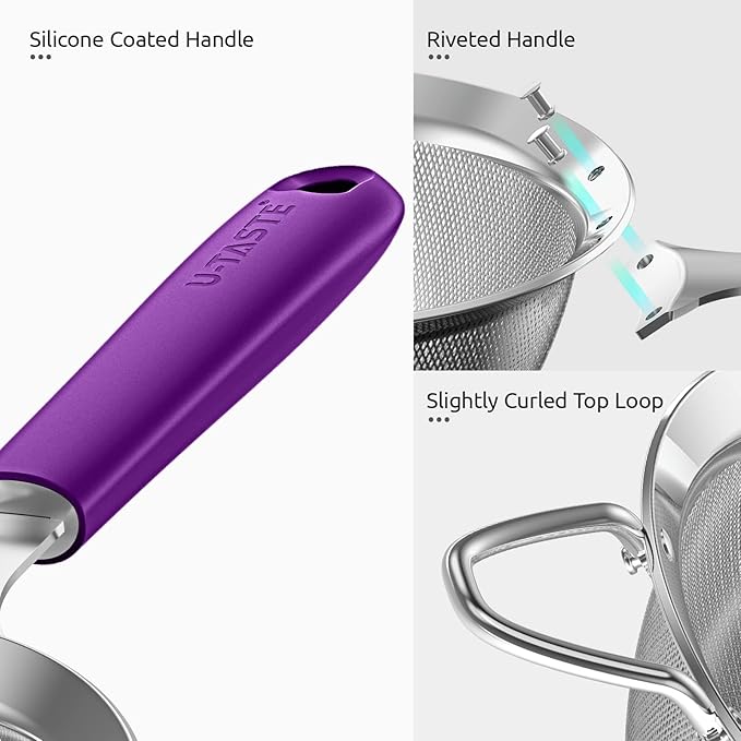18/8 Stainless Steel Mesh Strainer: U-Taste 3.9 Inch Kitchen Fine Mesh Sieve Food Colander with Riveted Sturdy Silicone Handle and 30 Mesh Hole for Straining Flour, Quinoa, Tea, Juice (Purple)