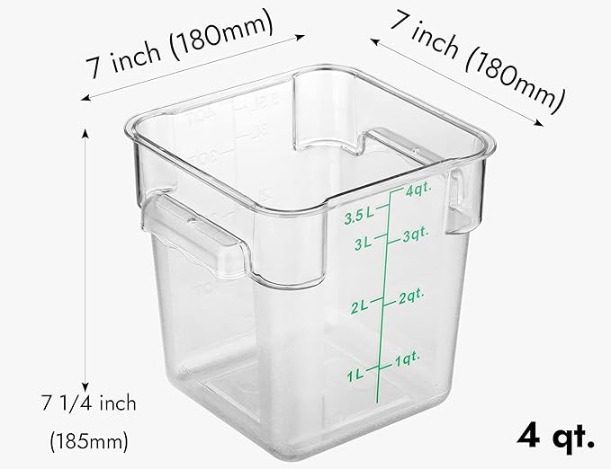 CURTA 4 Pack Food Storage Container with Green Lid - NSF Commercial Grade in 4.0 Qt - Square, Clear, Polycarbonate