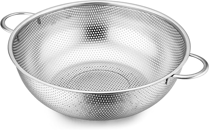 E-far 5-Quart Stainless Steel Colander, Micro-Perforated Metal Colander Strainer with Handle for Kitchen/Draining Pasta/Rinsing Vegetables Fruits, Heavy Duty & Dishwasher Safe - 11 Inches