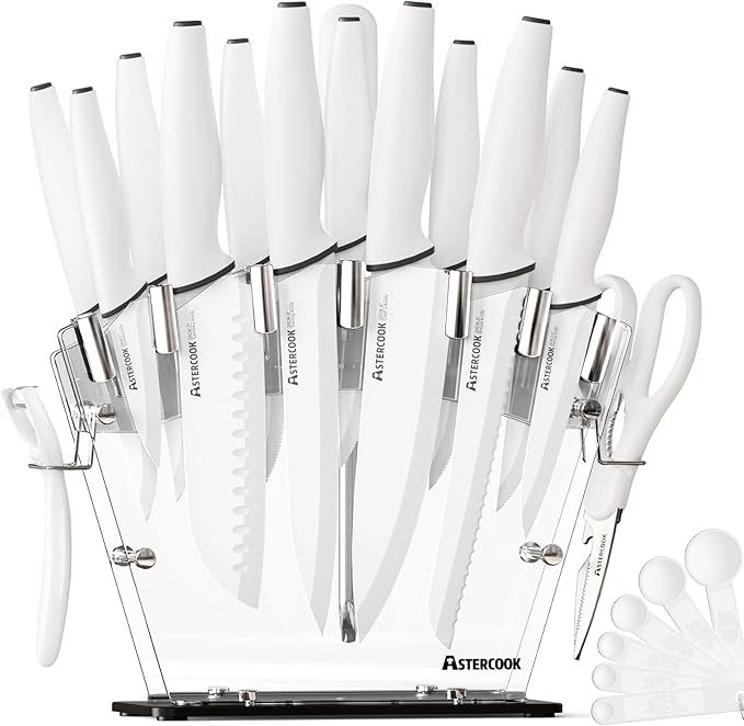 Astercook Knife Set with Block and Sharpener, 22 Piece Kitchen Knife Set Dishwasher Safe, Space-Saving Clear Knife Block with Knives for Everyday Home Cooking White