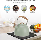 Tea Kettle, Vegoran 100 OZ / 3 Liter Whistling Tea Kettle, Tea Pots for Stove Top Food Grade Stainless Steel with Wood Pattern Folding Handle, Loud Whistle Kettle for Tea, Coffee, Milk (Green)