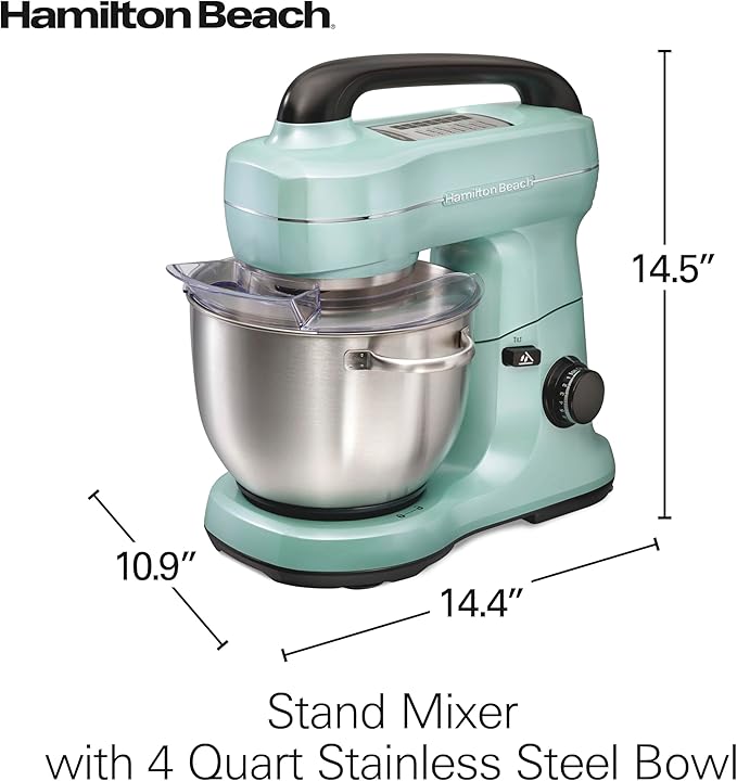 Hamilton Beach Electric Stand Mixer, 4 Quarts, Dough Hook, Flat Beater Attachments, Splash Guard, 7 Speeds with Whisk, Easy-Carry Top Handle, Aqua