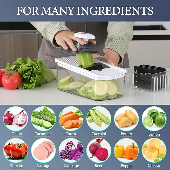 Ourokhome Vegetable Mandolin Slicer, Hand Safe Kitchen Food Shredder with 6 Mandoline Blades, Veggie Waffle Cutter for Potato, Carrot, Zucchini, Onion, Essential Kitchen Gadgets (6 in 1, White)