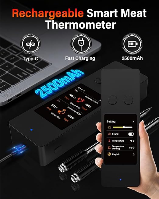 Bluetooth Wireless Meat Thermometer with App, Touch Screen, Audible Alarm, 2 Probes, 800ft Range & Rechargeable Base, Kitchen Food Thermometer for Cooking, BBQ, Smoker | Stocking Stuffers for Men