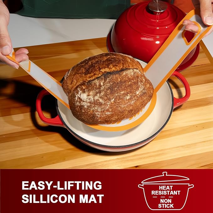 AHJ 6QT Dutch Oven For Bread Baking, Enameled Cast Iron Dutch Oven Pot with Lid, Multi-Functional Bread pan, Sourdough Baking Supplies with Proofing Basket, Cast Iron Bread Oven, Silicone Sling & Gloves.