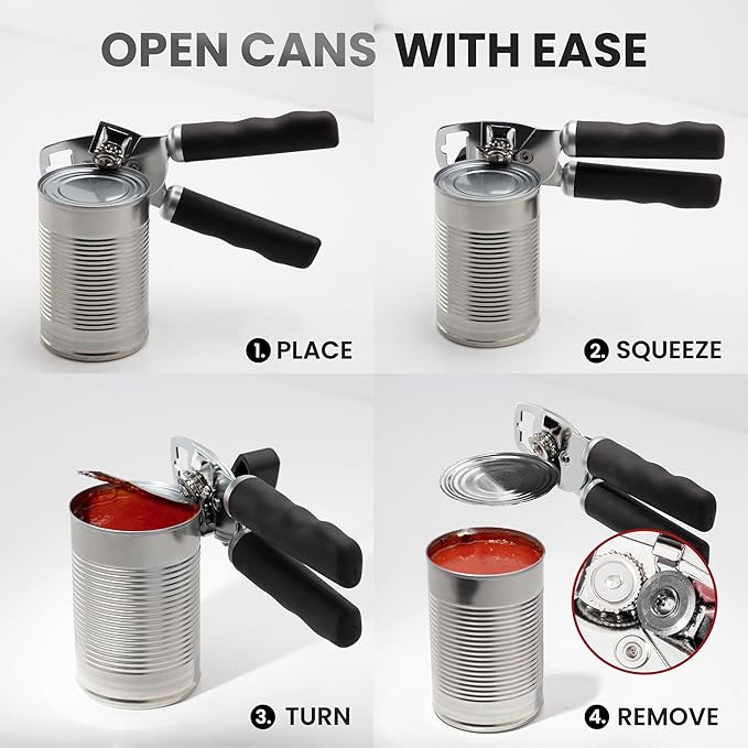 Zulay Kitchen Heavy Duty Stainless Steel Can Opener Manual with Bottle Opener - Rust Proof Manual Can Opener With Turn Knob & Comfy Soft Grip Handles - Black