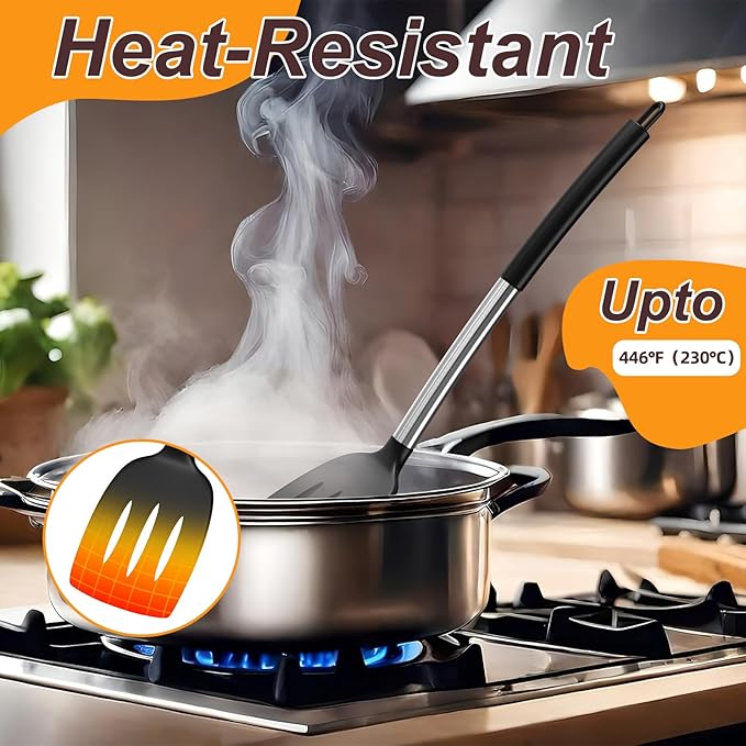 Yoehka Silicone Cooking Utensils Set for Nonstick Cookware, 4Pcs Heat Resistant Kitchen Silicone Spatula and Spoon Set with Stainless Steel Handle, Mixing, Flipping, Turning, Stirring, Black