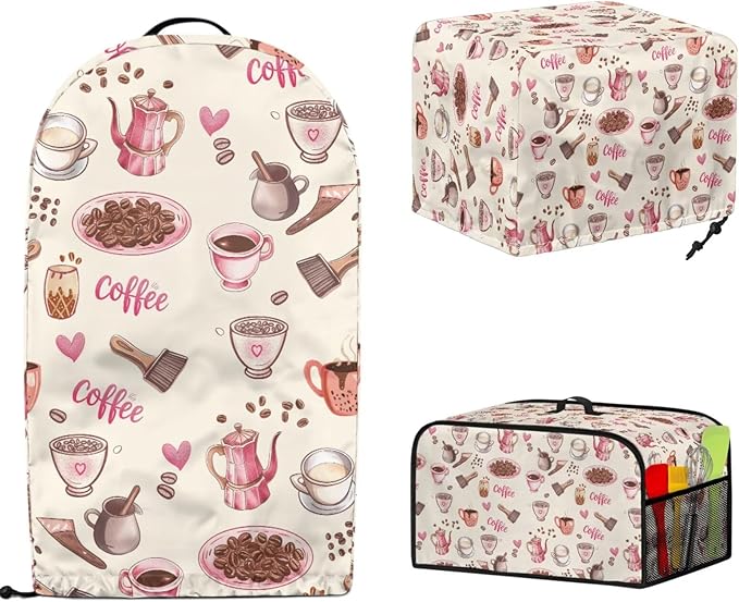 Pink Coffee Theme Kitchen Appliance Covers Set Toaster Cover 4 Slice Food Processor Hood Crock Pot Dust Cover with Side Pockets Machine Washable 3PCS