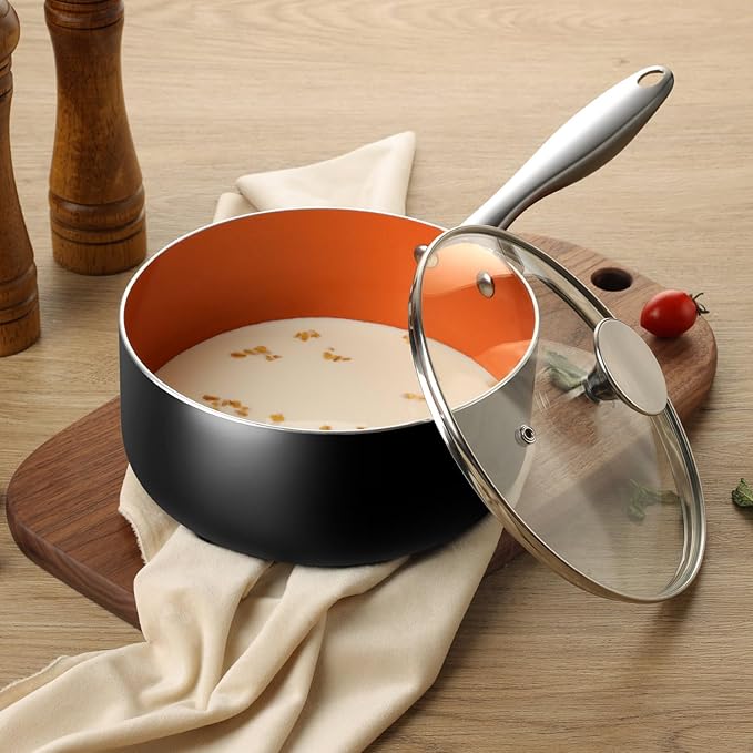 MICHELANGELO 1 Quart Saucepan with Lid, Ultra Nonstick Ceramic Sauce Pan with Lid, Small Pot with Lid, 1 Quart Saucepan Nonstick, Small Sauce Pot, Copper