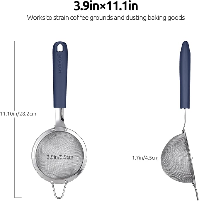 18/8 Stainless Steel Mesh Strainer: U-Taste 3.9 Inch Kitchen Fine Mesh Sieve Food Colander with Riveted Sturdy Silicone Handle and 30 Mesh Hole for Straining Flour, Quinoa, Tea, Juice (Midnight Blue)