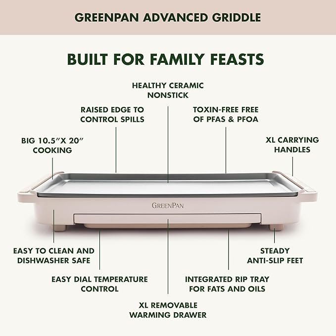 GreenPan Advanced 10.5”x 20” Electric Griddle with Warming Drawer, Healthy Ceramic Nonstick PFAS-Free Coating, Temperature Control, Easy and Versatile Countertop Meals, Dishwasher Safe, Clay