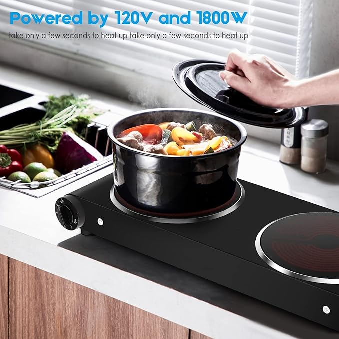 1800W Dual Infrared Burner Electric Hot Plate, High Power for Fast Cooking, 7 Inch Ceramic Glass Portable Electric Stove with Adjustable Temperature Control, Upgraded Version