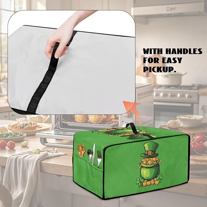 Clover Top Hat Gold Lucky Coin Print Toaster Oven Cover for St. Patrick's Day Decor, Microwave Cover for Kitchen Countertop Appliance Dust Protector Decorative Oven Accessories, Green, L