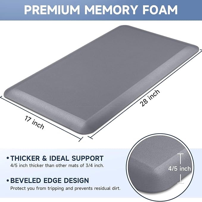 StepRite 4/5 Inch Thick Kitchen Mat Anti Fatigue Mat Kitchen Rugs Kitchen Decor Non-Slip, Stain & Water Resistant, Kitchen Mats Desk Mat for Kitchen, Office, Workshop, Grey, 17'' x 28''