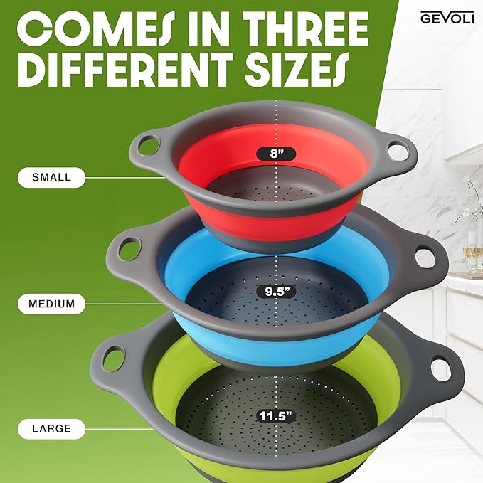 Gevoli Collapsible Colanders with Self-Draining Base for Edge of Sink, Food Strainers (Small/Med/Large), Nested Design for Easy Storage (Red, Blue, Green) (4PC Set)