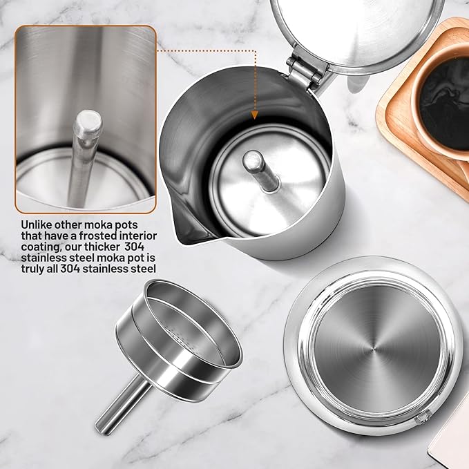 No Coating 4 Cup Thickened 304 Stainless Steel Moka Pot Stovetop Espresso Maker Italian Coffee Machine 200ml 6.8oz Suitable for Gas Induction Stovetop Greca Coffee Maker Percolator
