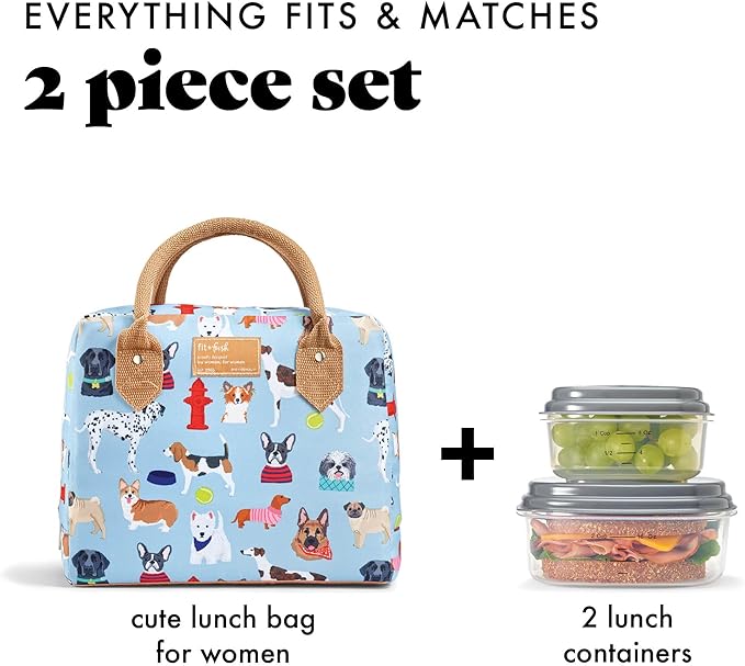 Fit & Fresh Insulated Lunch Bag for Women - Large Leakproof & Stain-Resistant Box With Containers, Zipper Closure - Bloomington, Dogs Theme