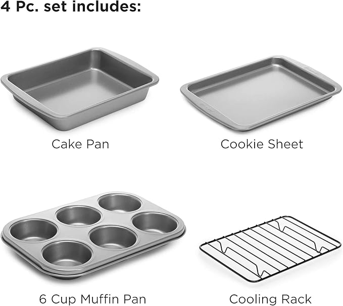 Ecolution Non-Stick Toaster Oven Bakeware Set 4-Piece, Carbon Steel, Easy to Clean and Perfect for Single Servings, Gray