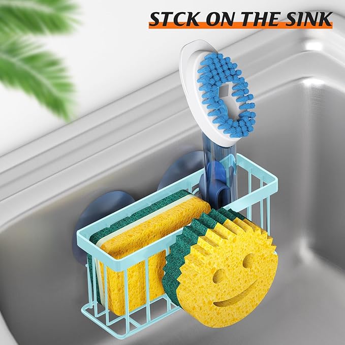 Sponge Holder Smiley Face,Sink Caddy for Kitchen Sink,Sponge Holder with 2 PCS Suction Cups/1 PCS Adhesive Strips,Designed for Sponge,Soap,Dish Brush,Scrubber-Blue