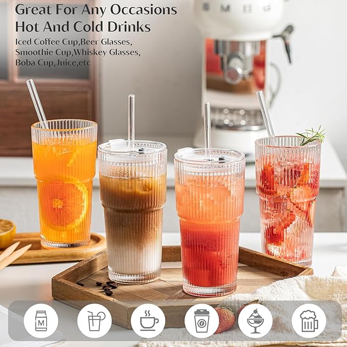 INSETLAN 6-Piece Glassware Set – 20 oz Ribbed Glass Tumblers with Lids and Glass Straws, Heavy-Duty Tumblers, Ideal for Iced Coffee, Smoothies, Cocktails, and Juices – Elegant and Durable Drinkware