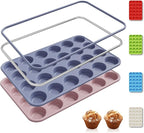 2 Pack 24 Cups Silicone Mini Muffin Pan with Metal Reinforced Frame Silicone Molds Cupcake Pans Tray Egg Bites Circle Cookie Molds Muffin Tin Tart Pans Baking Sheet Set for Breakfast Sandwiches