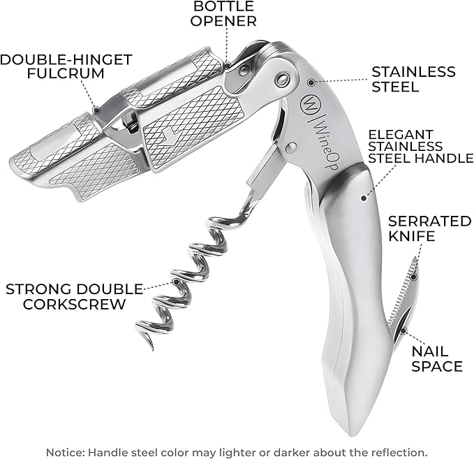 WineOp Professional Wine Opener Luxury Double Hinged Waiter's Corkscrew Wine Bottle Key - Cork screwer for Servers, Bartenders, Sommelier and Home Use | All-In-One Stainless Steel (Silver Handle)