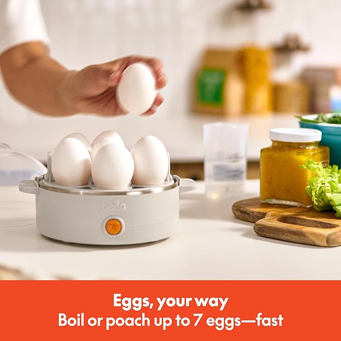 bella Electric Egg Cooker, 7 Eggs Capacity Tray, Single Stack, for Poached, Scrambled, Hard, Medium & Soft Boiled Eggs, Omelets and Steamed Dumplings, Auto Shutoff, 360 Watt, Oatmilk