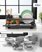 Kitsure Dish Drying Rack for Kitchen Counter, Stainless Steel Sink Organization and Storage Essentials with Cutlery Holder, Home and Appartment Decor, 12.2''W x 15.7''~23''L, Black