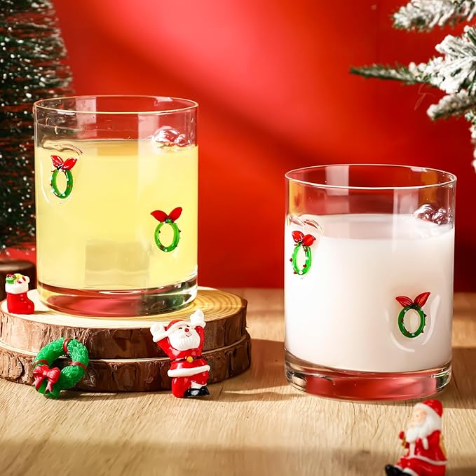 Skylety 2 Pcs Christmas Icon Juice Glasses Xmas Drinking Cups Old Fashioned Stemless Wine Glasses 13.5 oz Whiskey Cocktail Coffee Mugs for Christmas Party Gift Decor