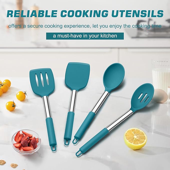 TeamFar Cooking Utensils Set, 4PCS Heatproof Silicone Utensil Kitchen Tools with Stainless Steel Handle, for Non-stick Cookware Flipping Frying Draining, Nontoxic & Non scratch, Easy Clean - Navy Blue