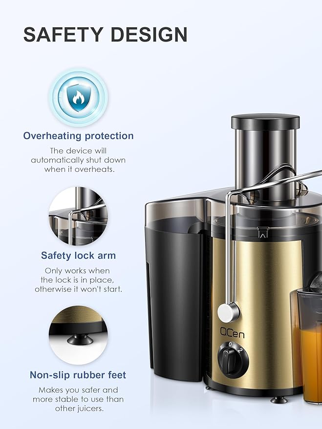 QCen Juicer Machine, 500W Centrifugal Juicer Extractor with Wide Mouth 3” Feed Chute for Fruit Vegetable, Easy to Clean, Stainless Steel, BPA-free (Gold)