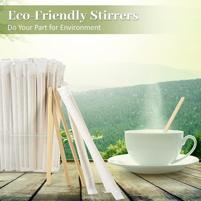 Bamboo Coffee Stirrers Individually Wrapped 100 Count – Coffee Stir Sticks 7 inch Coffee Bar Disposable individually wrapped coffee stirrers for Coffee and Cocktail