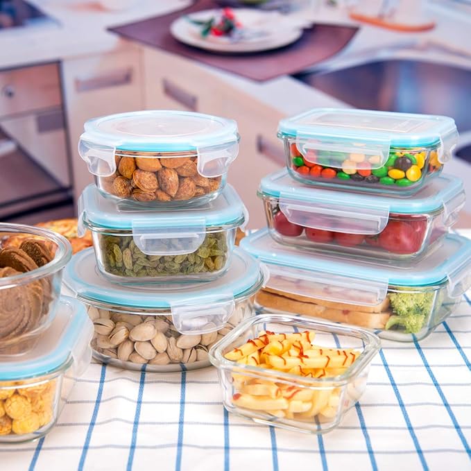 AILTEC Glass Food Storage Containers with Lids, [18 Piece] Glass Meal Prep Containers, Containers for Food Storage with Lids, BPA Free & Leak Proof (9 Lid & 9 Container)