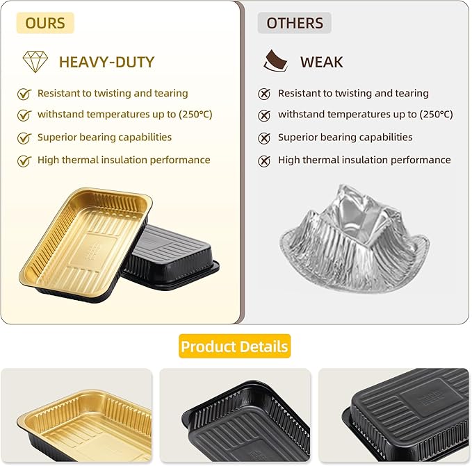Aluminum Foil Pans, Extra Heavy Duty Disposable Aluminum Baking Pans, 14.57"×10.63" Steam Table Pans for Cooking, Heating, Storing, Prepping Roasting and Chafing (5 Pack Black and Gold)
