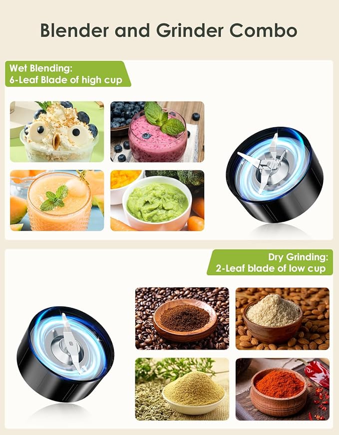 Smoothie Blender, 1100W Personal Blender for Shakes and Smoothies, Blenders and Grinder Combo for Kitchen with 2 * 22 Oz To-Go Cup and Lid for Protein Shake, Baby Food, Frozen Drink