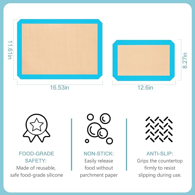 Silicone Baking Mat, Reusable Silicone Mats for Baking Set of 3, Non-Stick Baking Supplies for Pastries, Cookies, Macaroons, Bread