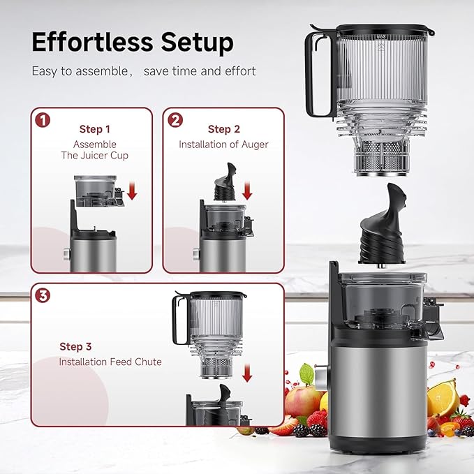 Cold Press Juicer Machine with 6" Extra-Wide Feed Chute,Triple Stainless Steel Filter,Quiet DC Motor,Easy to Clean,Slow Masticating Juicer High Juice Yield,Grey