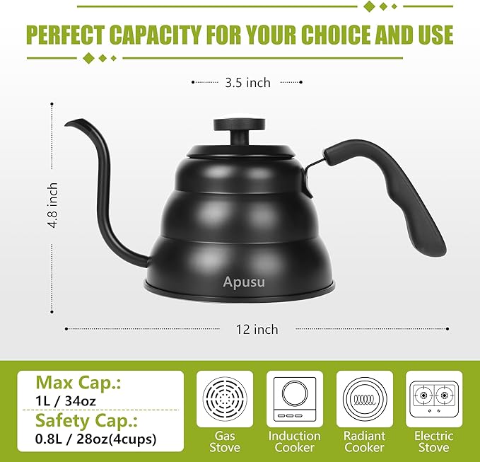 Pour Over Kettle for Manual Drip Coffee and Tea with Thermometer 28oz Gooseneck Kettle with Flow Control Stainless Steel Water Kettle for Stovetop,800ml,4 Cup,Black,1Pack