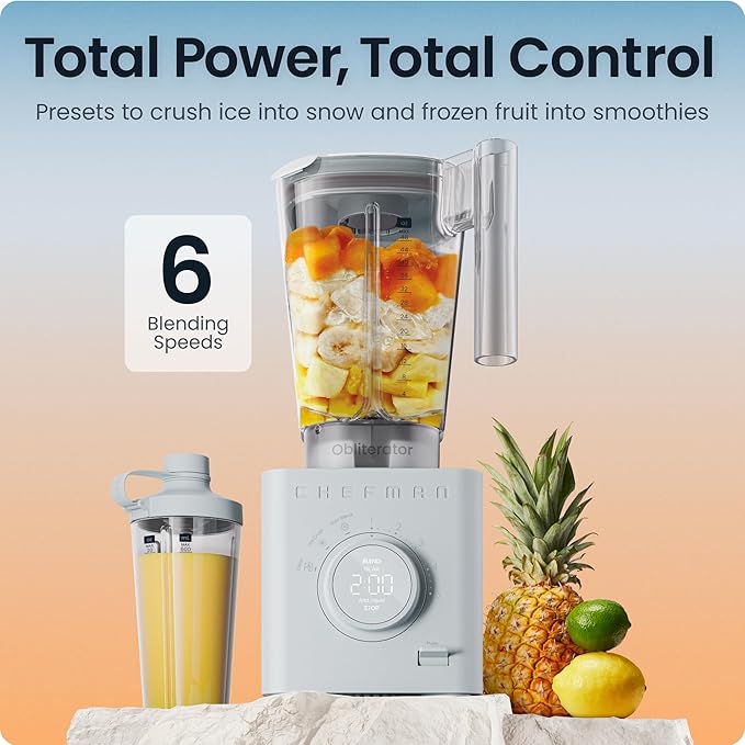 Chefman Obliterator 48 oz Countertop Blender for Smoothies, 1380W Motor to Crush Ice, Nuts, and Frozen Fruit with Stainless Steel Blade, Auto Blend Function, Includes 20 oz Travel Jar