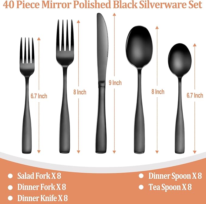 40 Pcs Black Silverware Set, Stainless Steel Flatware Set for 8, Food-Grade Cutlery Set, Mirror Polished Tableware Eating Utensils Set for Home Kitchen, Include Knife Fork Spoon Set, Dishwasher Safe