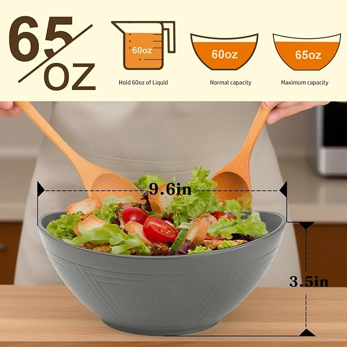 Homienly Wheat Straw Bowls, Large Salad Bowls Set of 6-60 OZ Serving Bowl for Kitchen, Camping, Party - Unbreakablke Microwave and Dishwasher Safe Big Cereal Bowl, Large Soup Bowl - Grey