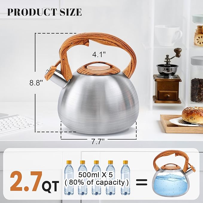 GGC Tea Kettle for Stove Top, 3.1QT/3L Whistling Tea Kettles for Boiling Water Coffee or Milk, Stainless Steel kettle Pot with Wood Parttern Handle for Home and Kitchen