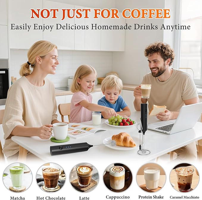 Milk Frother, Rechargeable & Handheld Frother Wand with stand, 3 Speed Adjustable Drink Mixer With 2 Stainless Whisks for Coffee, Matcha, Cappuccino, Egg, Electric Whisk Foam Maker (Black)