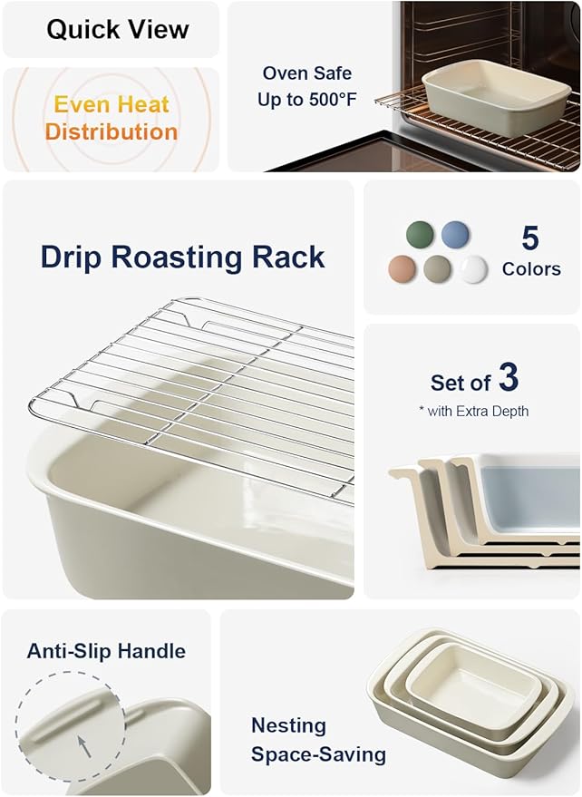 LE TAUCI Deep Casserole Dishes for Oven, 13.7”x9.6” Ceramic Baking Dish Set with Roasting Racks, Large Lasagna Pans with Handles, Rectangular Bakeware as Gift for Mom, Oatmeal Greige (4.6QT/3.0QT/1.6QT), Set of 3