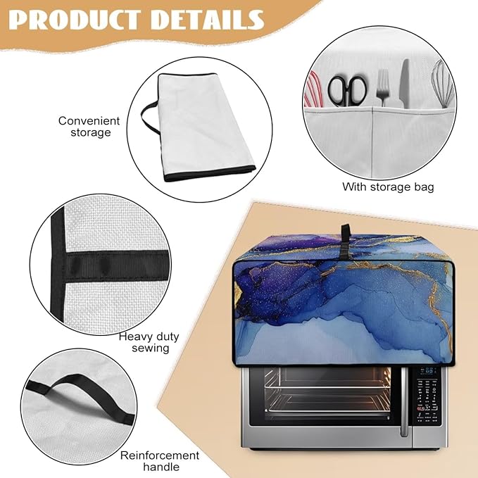 Marble Print Toaster Oven Dust Cover, Heavy Duty Heat-Resistant Cover for Kitchen Counter Small Appliances, with Accessory Pockets, Blue Violet Gold, (Large-18.5*22.5*12.99 inches)